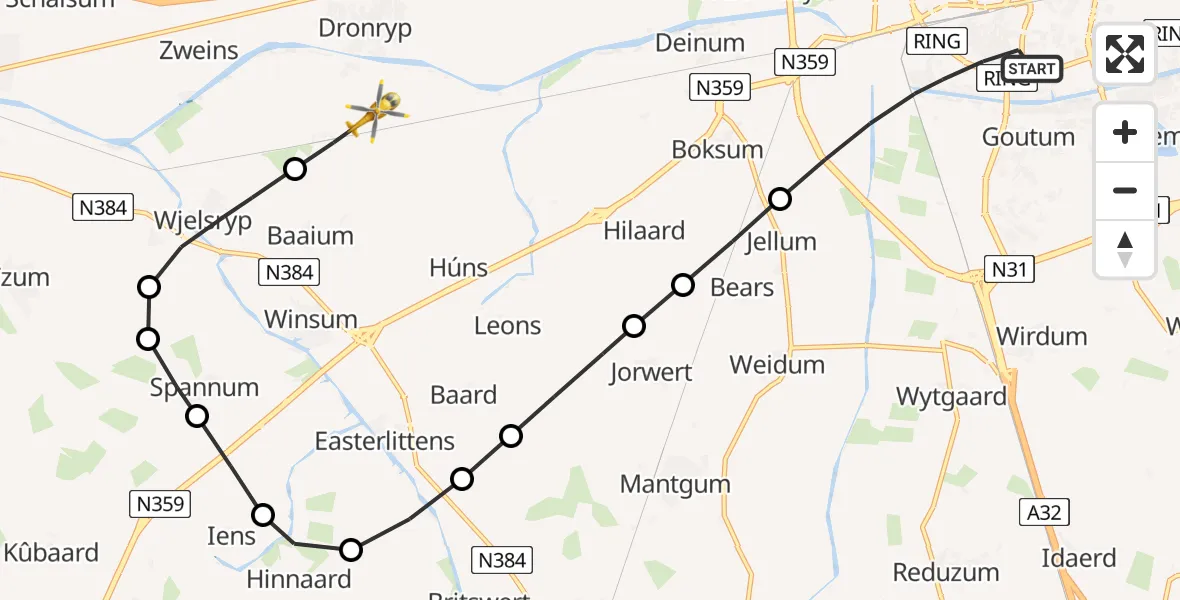 Vluchtroute Ambulancehelikopter van Leeuwarden naar Dronryp