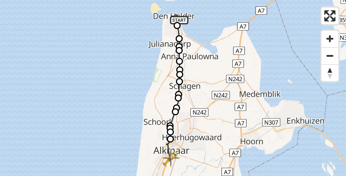 Vluchtroute Traumahelikopter Den Helder - Alkmaar, 05 mei 2025, 13:34