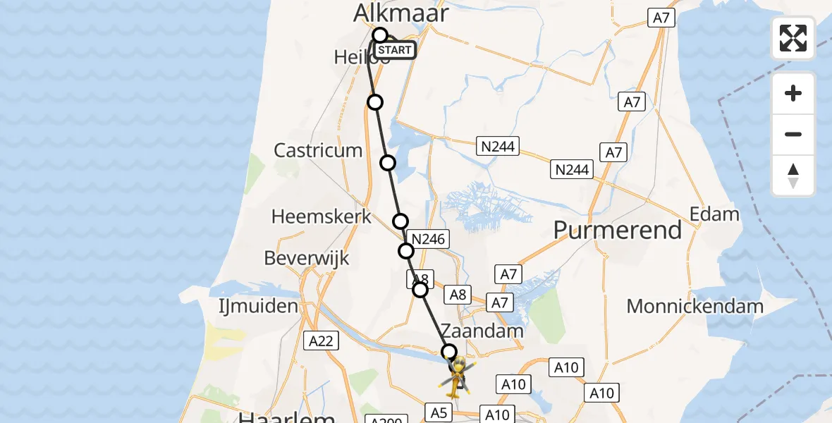 Vluchtroute Traumahelikopter Alkmaar - Amsterdam Heliport, 05 mei 2025, 14:30