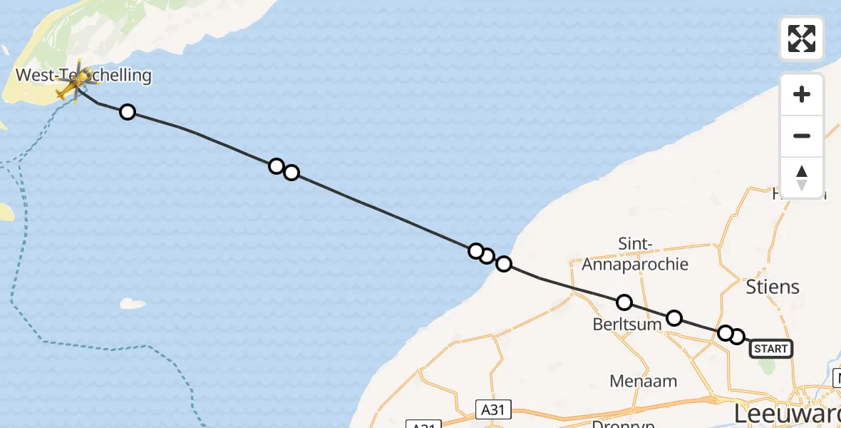 Vluchtroute Ambulancehelikopter Vliegbasis Leeuwarden - West-Terschelling, 05 mei 2025, 15:51
