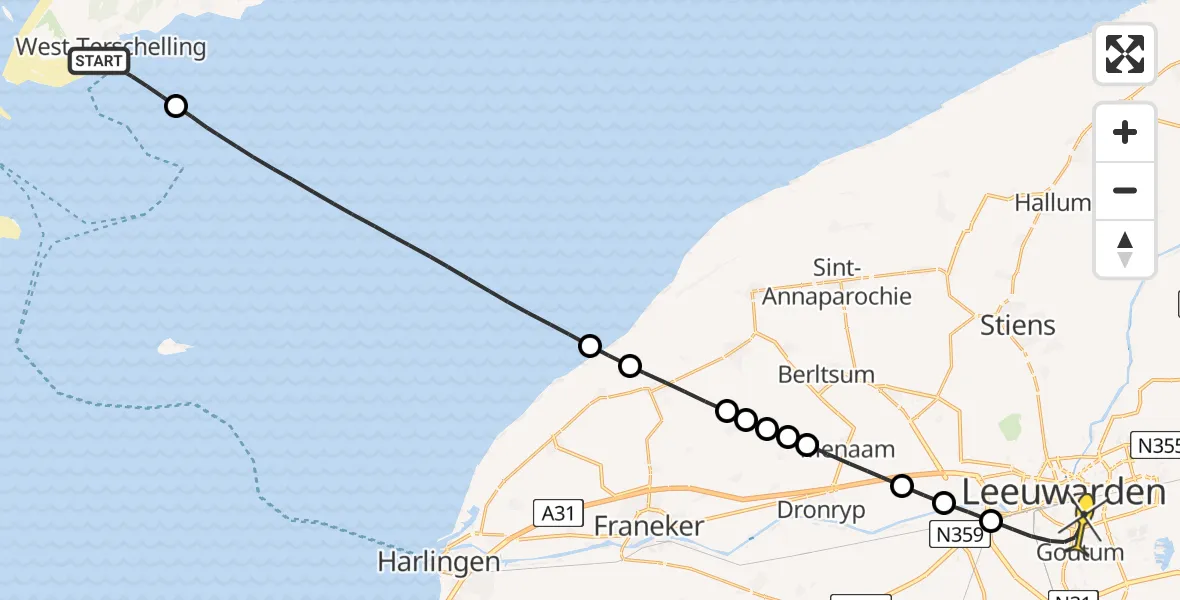 Routekaart van de vlucht: Ambulanceheli naar Leeuwarden, De Kom