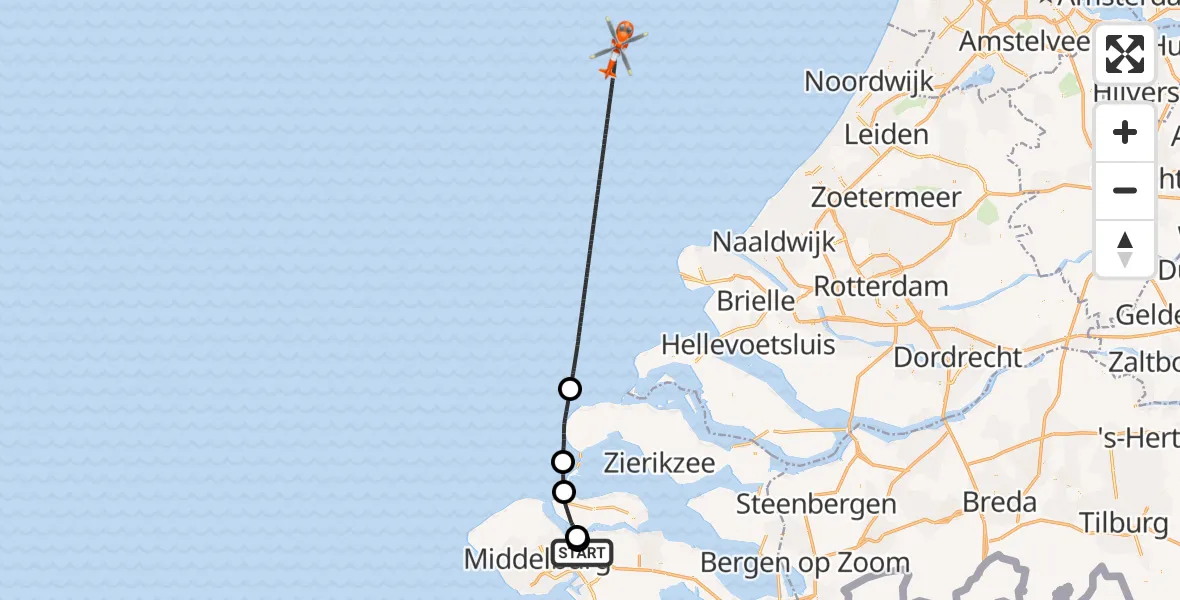 Vluchtroute Kustwachthelikopter Vliegveld Midden-Zeeland - , 05 mei 2025, 16:23