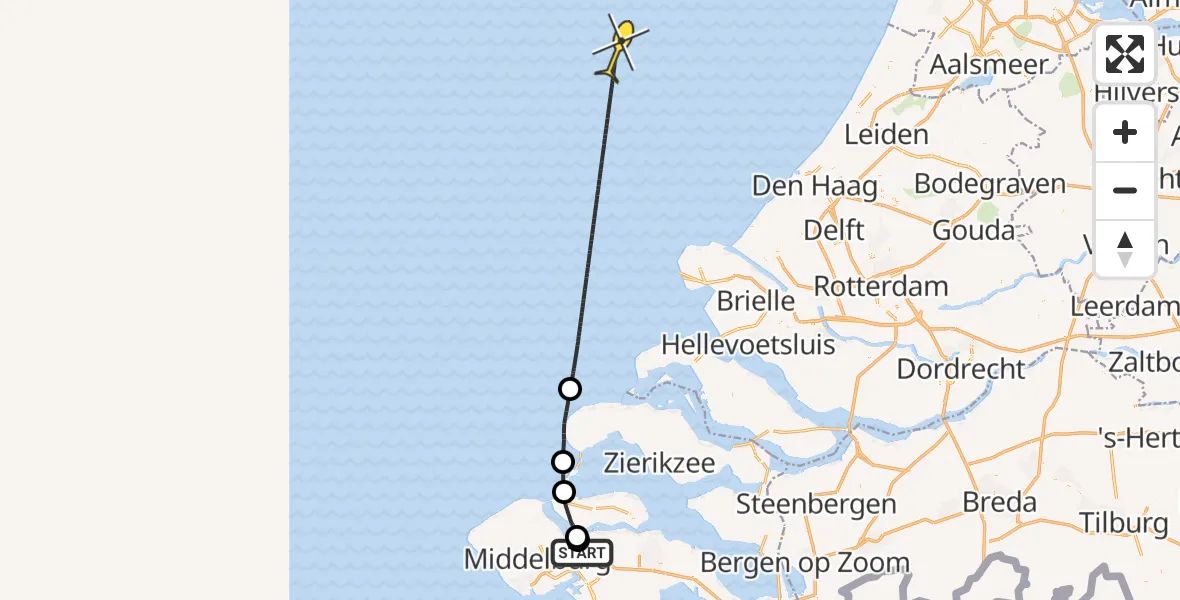 Routekaart van de vlucht: Kustwachthelikopter naar Schenge