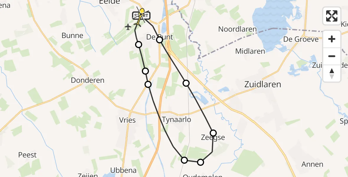 Vluchtroute Traumahelikopter van Groningen Airport Eelde naar Groningen Airport Eelde