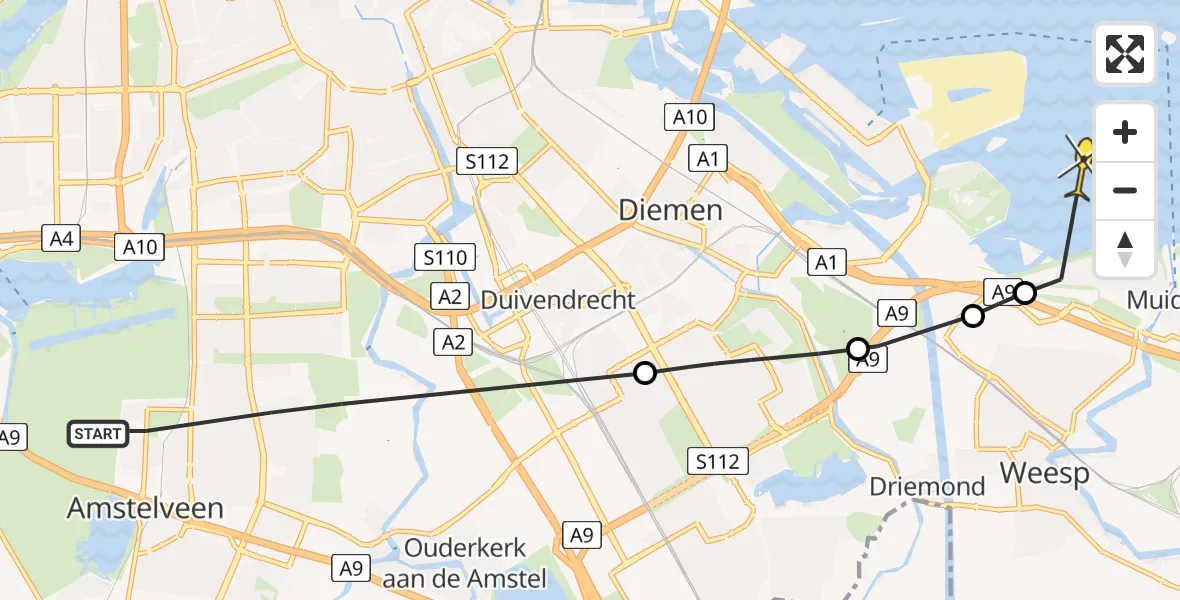 Routekaart van de vlucht: Politiehelikopter naar Muiden, Anna Pawlowastraat