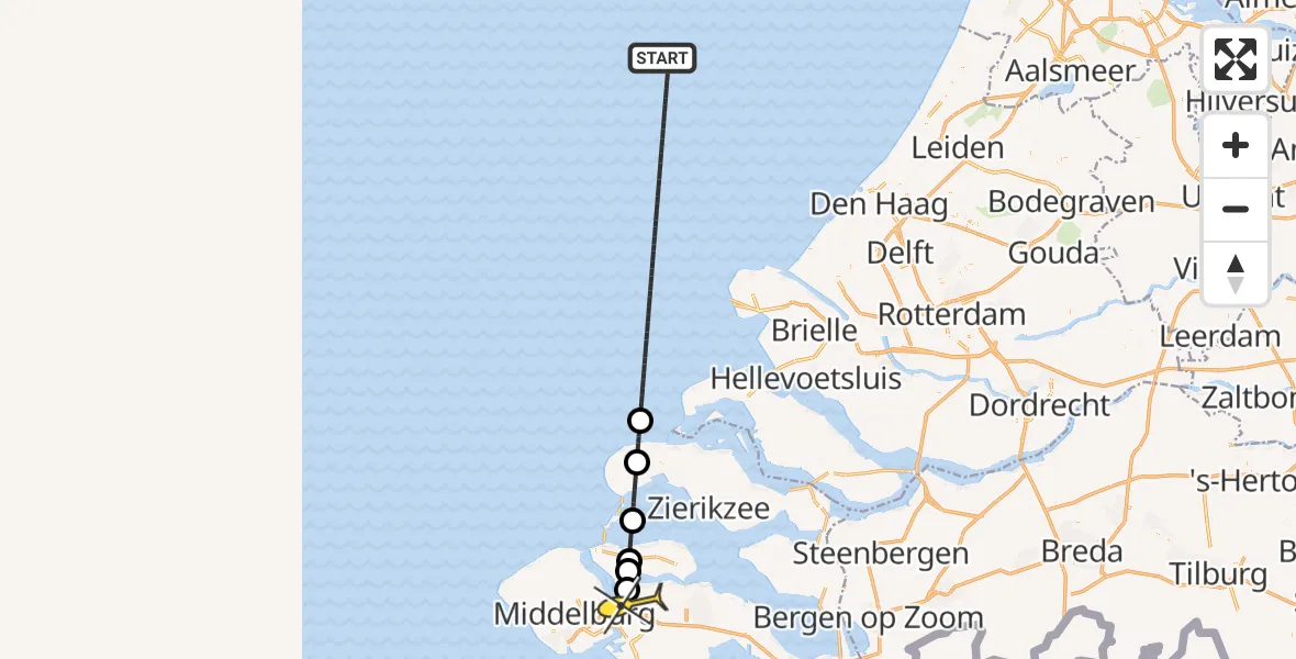 Routekaart van de vlucht: Kustwachthelikopter naar Vliegveld Midden-Zeeland, Calandweg