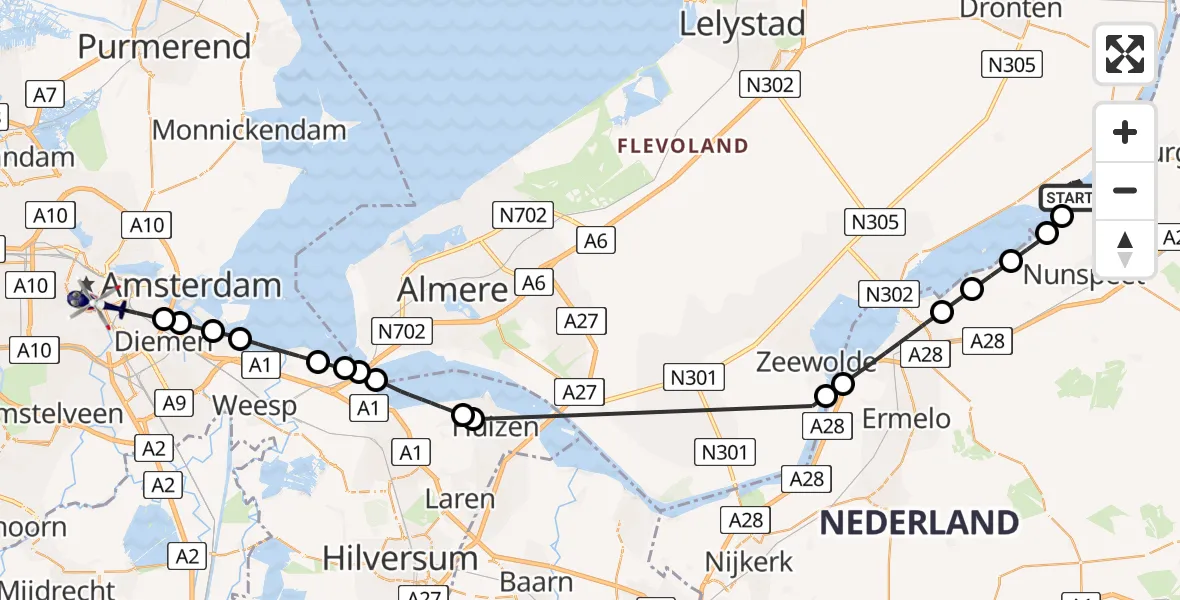 Vluchtroute Politiehelikopter Biddinghuizen - Amsterdam, 05 mei 2025, 19:10