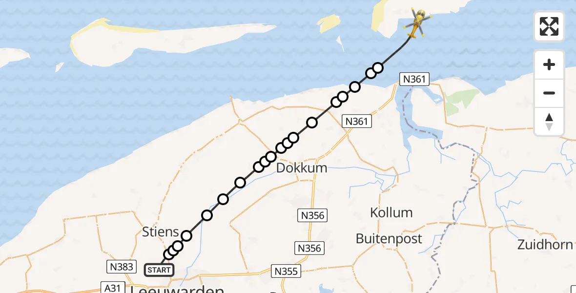 Vluchtroute Ambulancehelikopter Vliegbasis Leeuwarden - Schiermonnikoog, 05 mei 2025, 21:22