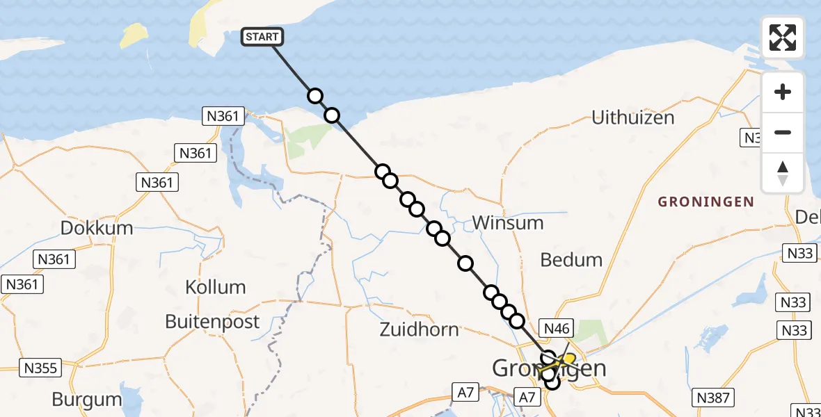 Routekaart van de vlucht: Ambulancehelikopter naar Universitair Medisch Centrum Groningen, Winkelstraat