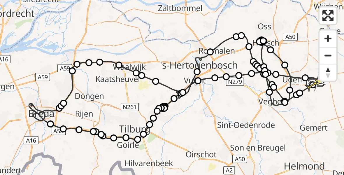 Routekaart van de vlucht: Politieheli naar Vliegbasis Volkel, Zeelandsedijk