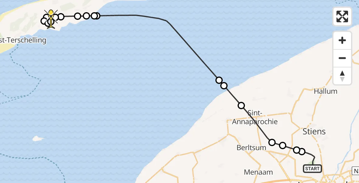 Routekaart van de vlucht: Ambulancehelikopter naar Midsland, Keegsdijkje