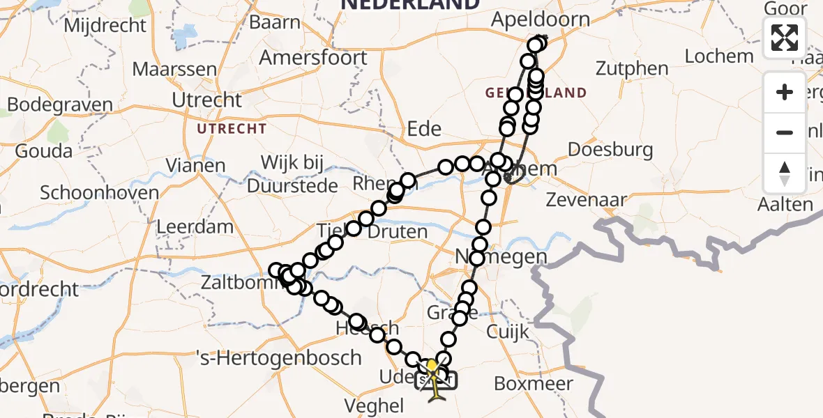 Routekaart van de vlucht: Politieheli naar Vliegbasis Volkel, Zeelandsedijk