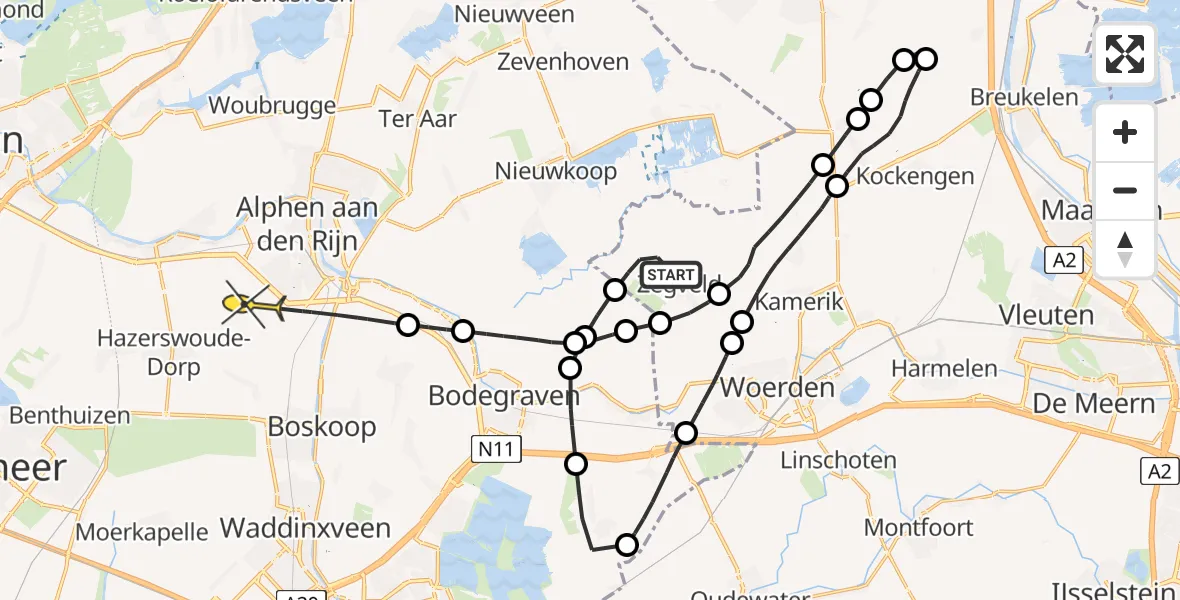 Routekaart van de vlucht: Politiehelikopter naar Hazerswoude-Dorp, Dwarsweg