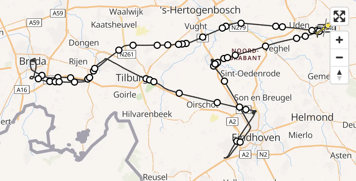 Vluchtroute Politiehelikopter van Vliegbasis Volkel naar Vliegbasis Volkel