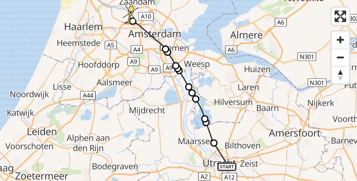 Routekaart van de vlucht: Lifeliner 1 naar Amsterdam Heliport, Biltsche Grift