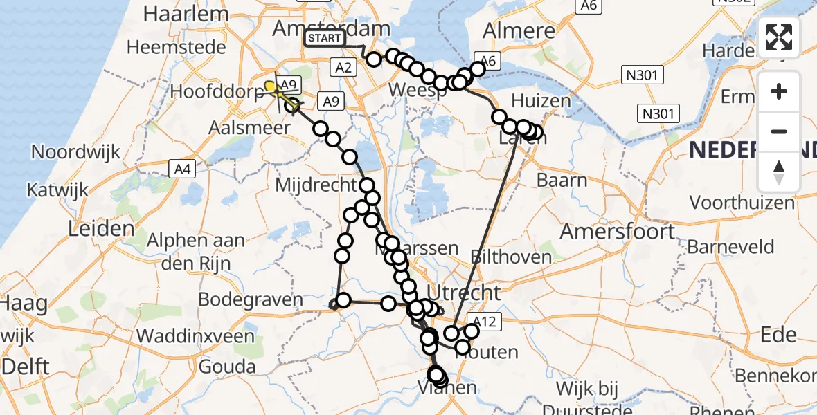 Routekaart van de vlucht: Politiehelikopter naar Aalsmeer, Museumplein