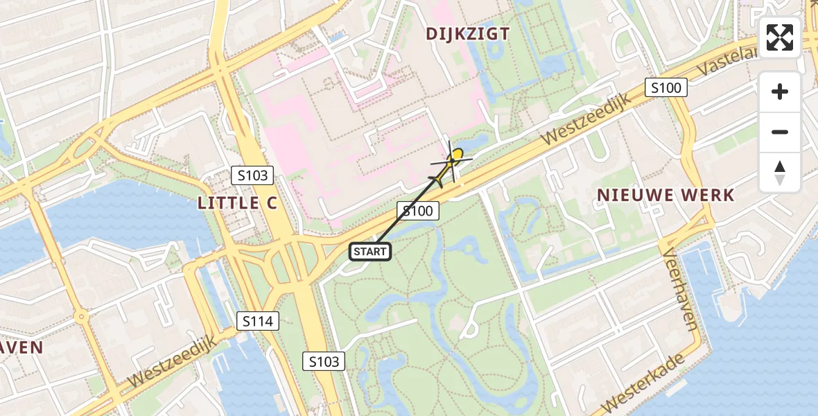 Routekaart van de vlucht: Lifeliner 2 naar Erasmus MC, Westzeedijk