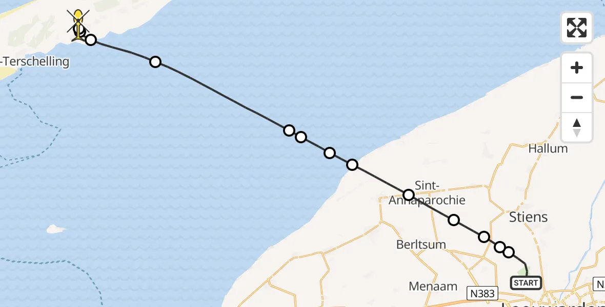 Routekaart van de vlucht: Ambulancehelikopter naar Midsland, Bitgumerlân