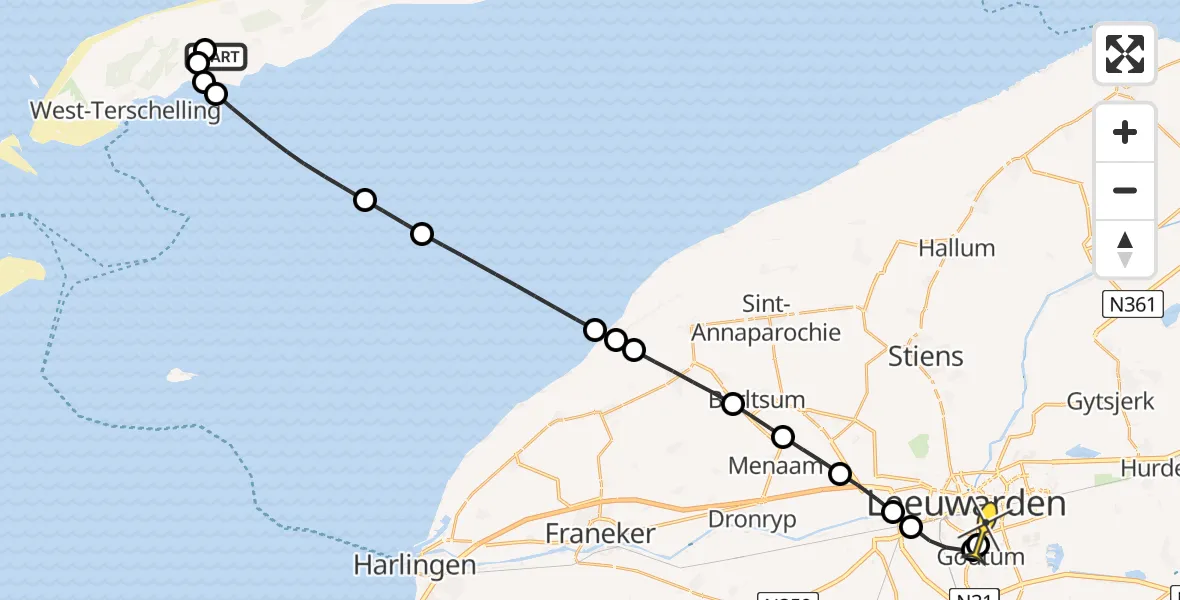 Routekaart van de vlucht: Ambulancehelikopter naar Leeuwarden, Horp
