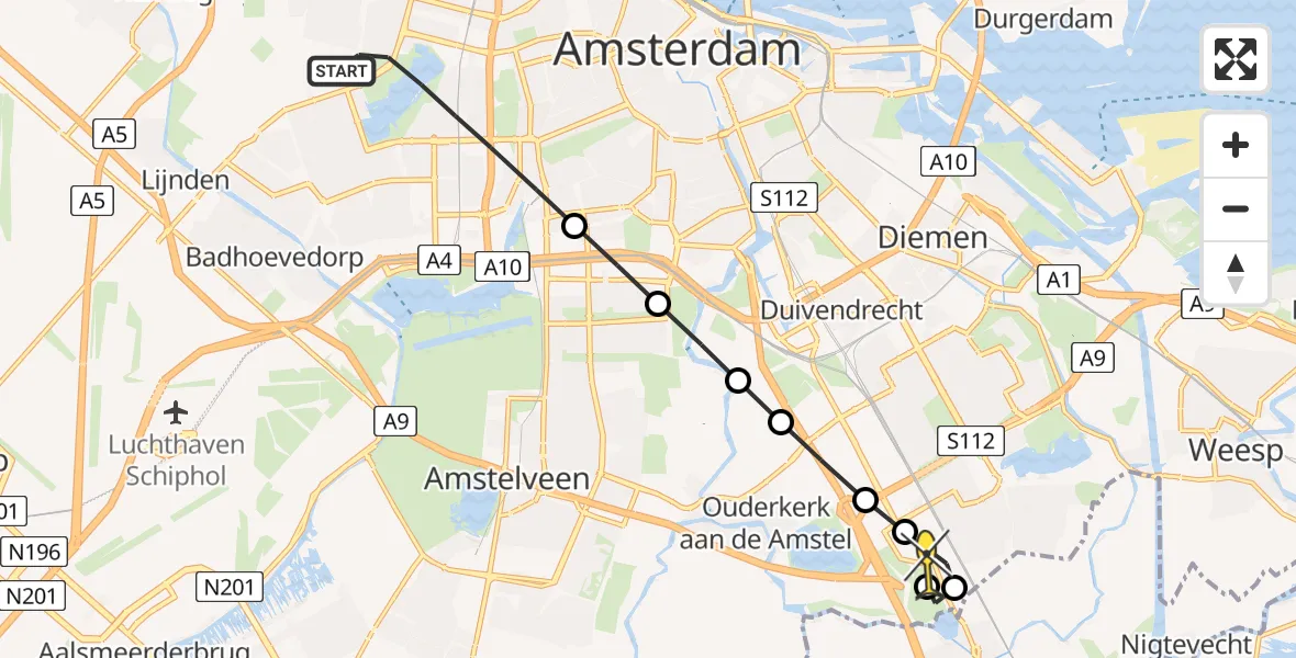 Routekaart van de vlucht: Lifeliner 2 naar Academisch Medisch Centrum (AMC), Oostoever