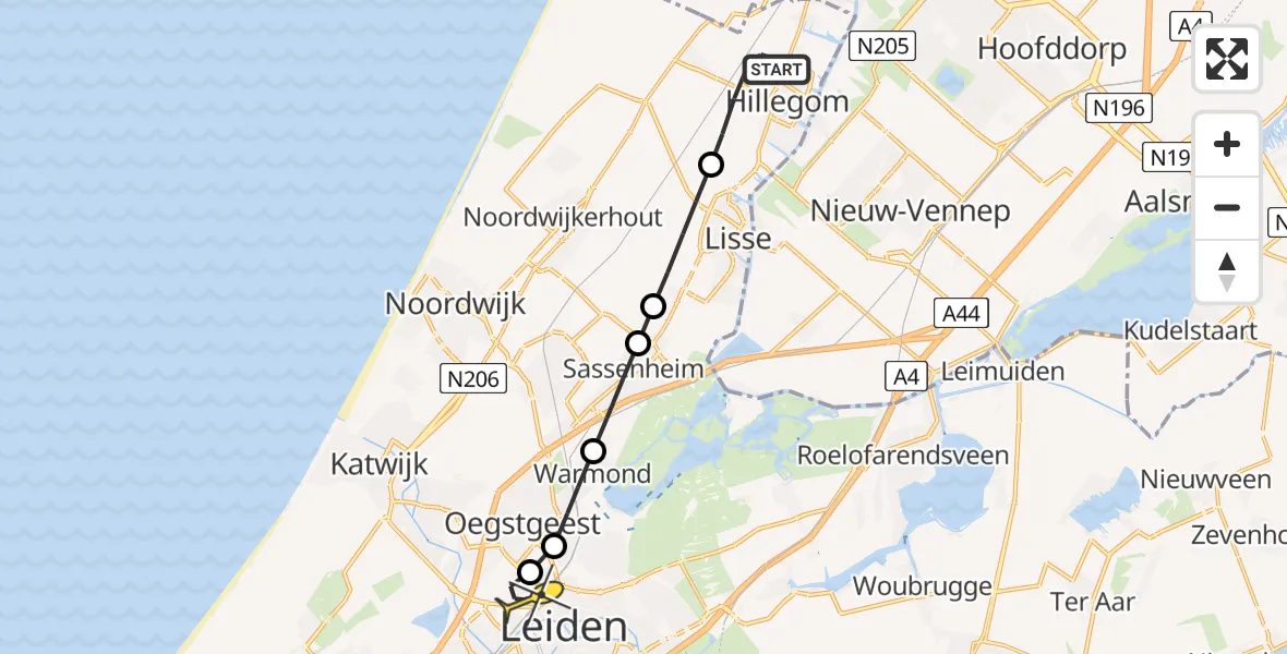 Routekaart van de vlucht: Lifeliner 1 naar Leiden, 2e Loosterweg