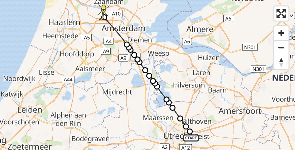 Routekaart van de vlucht: Lifeliner 1 naar Amsterdam Heliport, Bunnikseweg