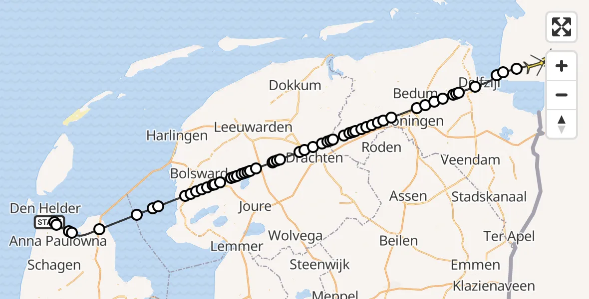 Routekaart van de vlucht: Kustwachthelikopter naar Emden, Oostoeverweg