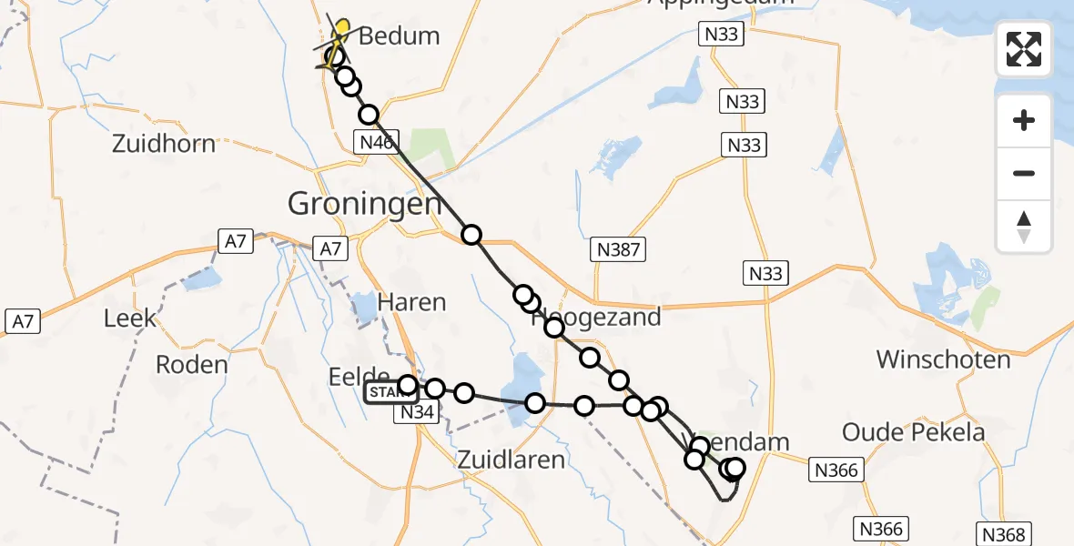 Routekaart van de vlucht: Lifeliner 4 naar Sauwerd, Burgemeester J.G. Legroweg