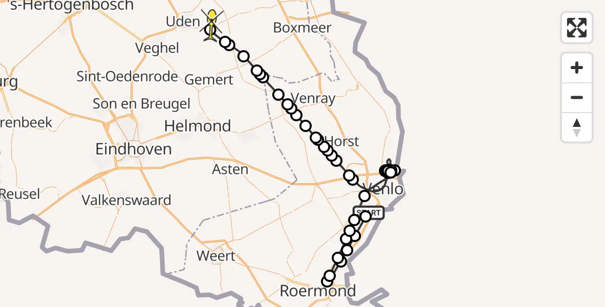 Routekaart van de vlucht: Politieheli naar Vliegbasis Volkel, Witveldweg
