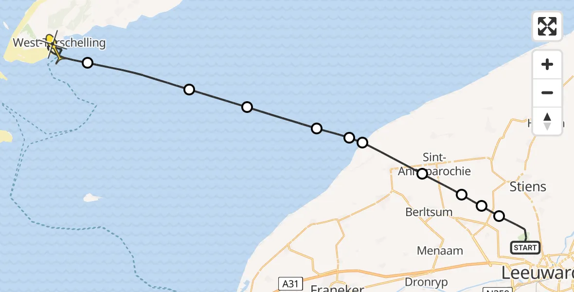 Routekaart van de vlucht: Ambulancehelikopter naar West-Terschelling, Keegsdijkje