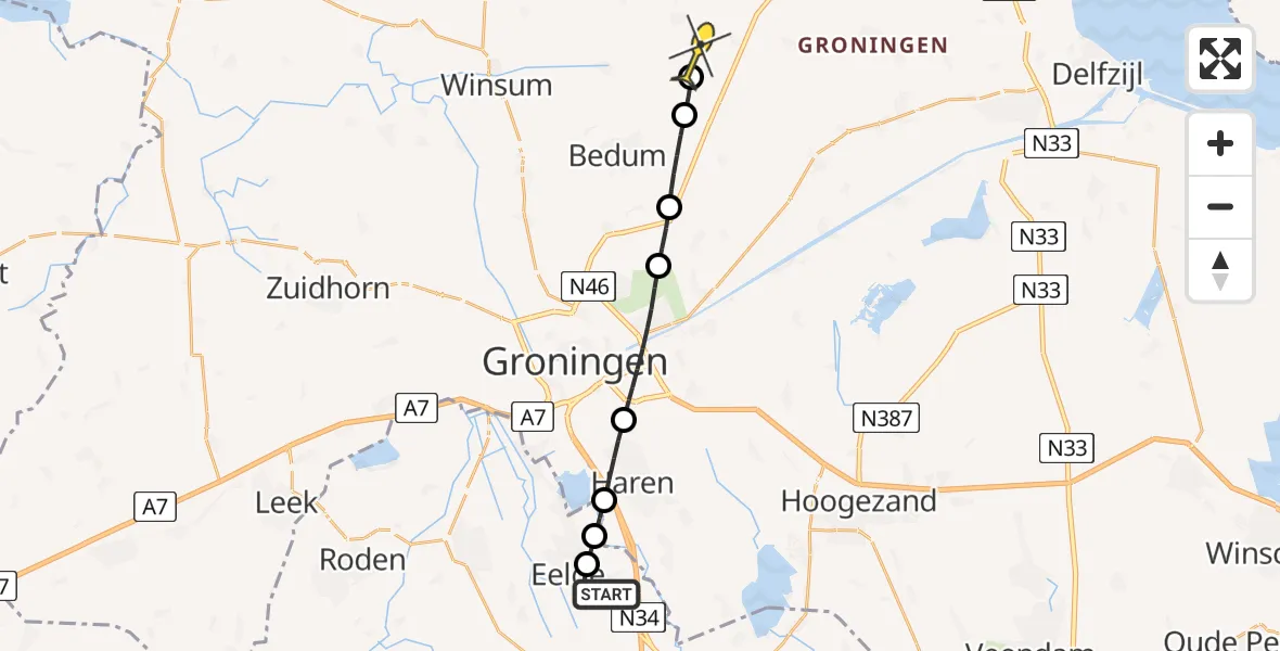 Routekaart van de vlucht: Lifeliner 4 naar Middelstum, Langesteeg