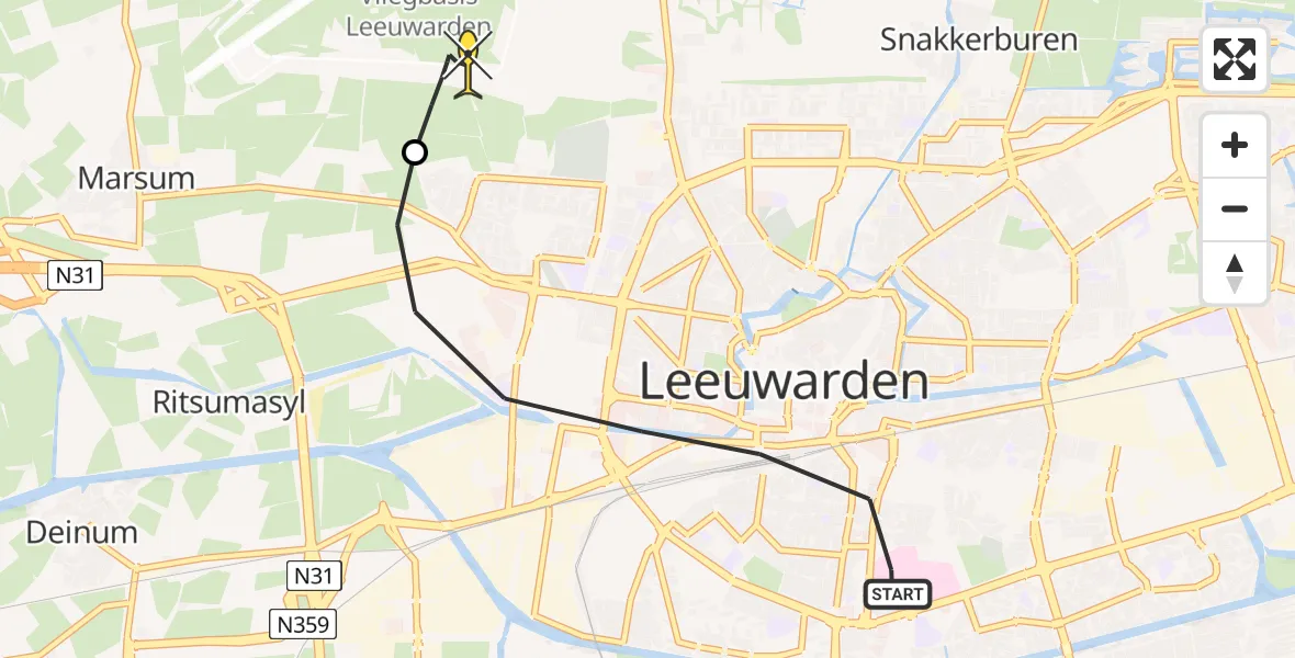 Routekaart van de vlucht: Ambulancehelikopter naar Vliegbasis Leeuwarden, Zuidersingel