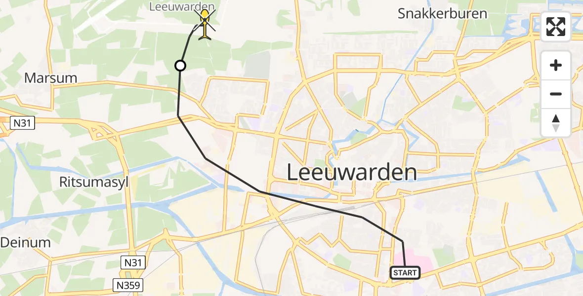 Routekaart van de vlucht: Ambulanceheli naar Vliegbasis Leeuwarden, Hollanderdijk