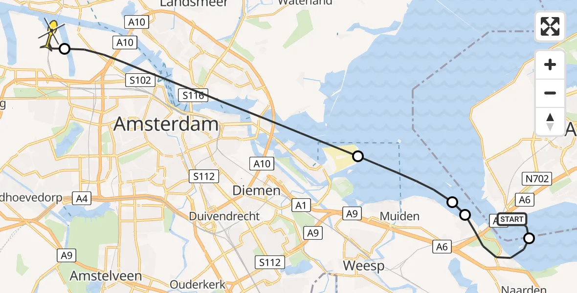 Routekaart van de vlucht: Lifeliner 1 naar Amsterdam Heliport, De Schelp