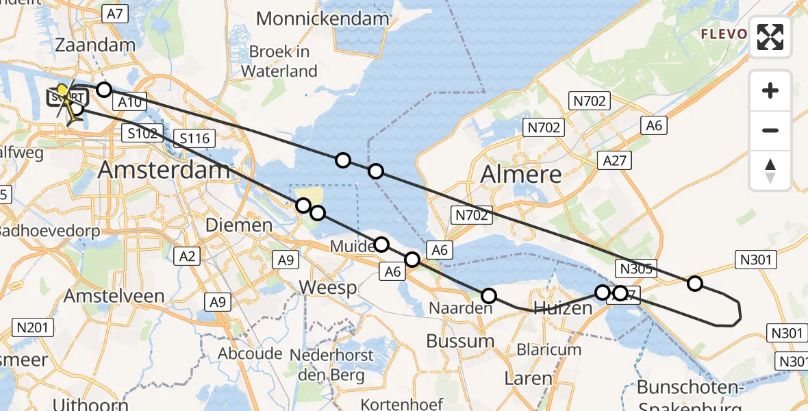 Routekaart van de vlucht: Lifeliner 1 naar Amsterdam Heliport, Toetsenbordweg
