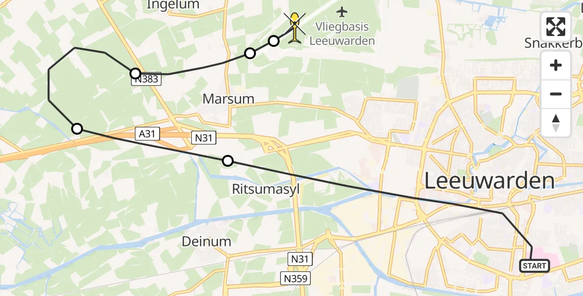 Routekaart van de vlucht: Ambulancehelikopter naar Vliegbasis Leeuwarden, Hollanderdijk