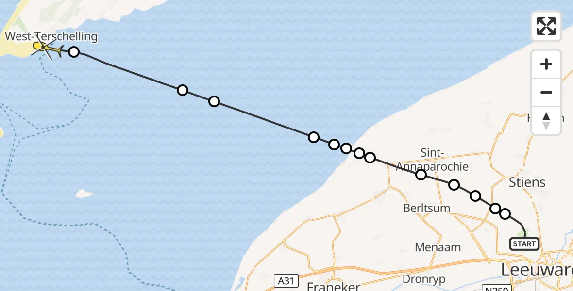 Routekaart van de vlucht: Ambulancehelikopter naar West-Terschelling, Keegsdijkje