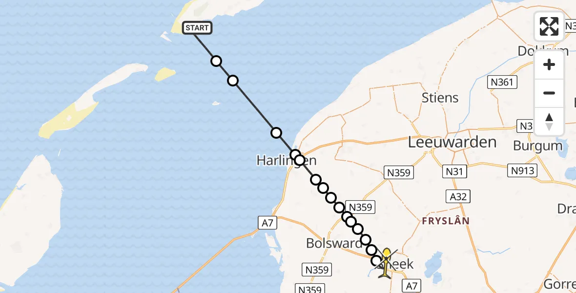 Routekaart van de vlucht: Ambulancehelikopter naar Sneek, Noordsvaarder