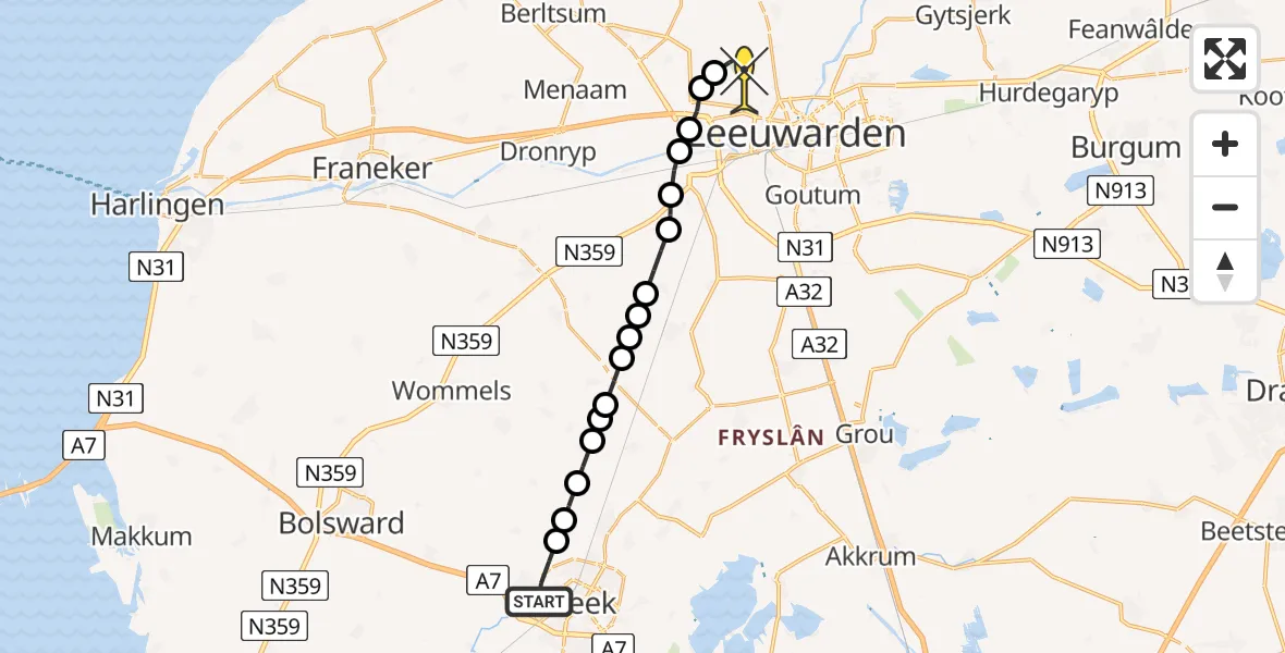 Routekaart van de vlucht: Ambulancehelikopter naar Vliegbasis Leeuwarden, Harinxmalaan