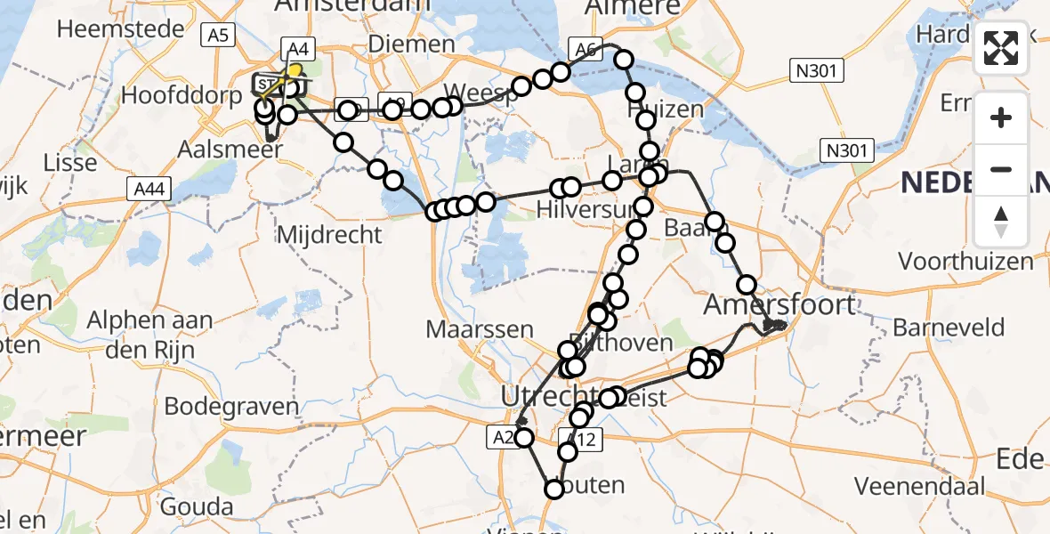 Routekaart van de vlucht: Politieheli naar Schiphol, Aalsmeer