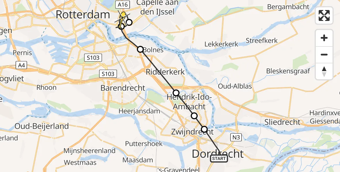 Routekaart van de vlucht: Lifeliner 2 naar Rotterdam, Frederikstraat