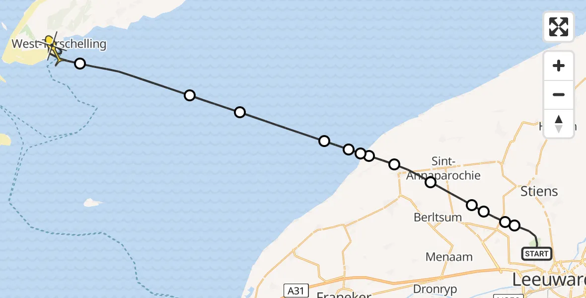 Routekaart van de vlucht: Ambulancehelikopter naar West-Terschelling, Keegsdijkje