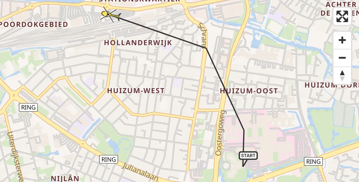 Routekaart van de vlucht: Ambulancehelikopter naar Leeuwarden, Zuidersingel