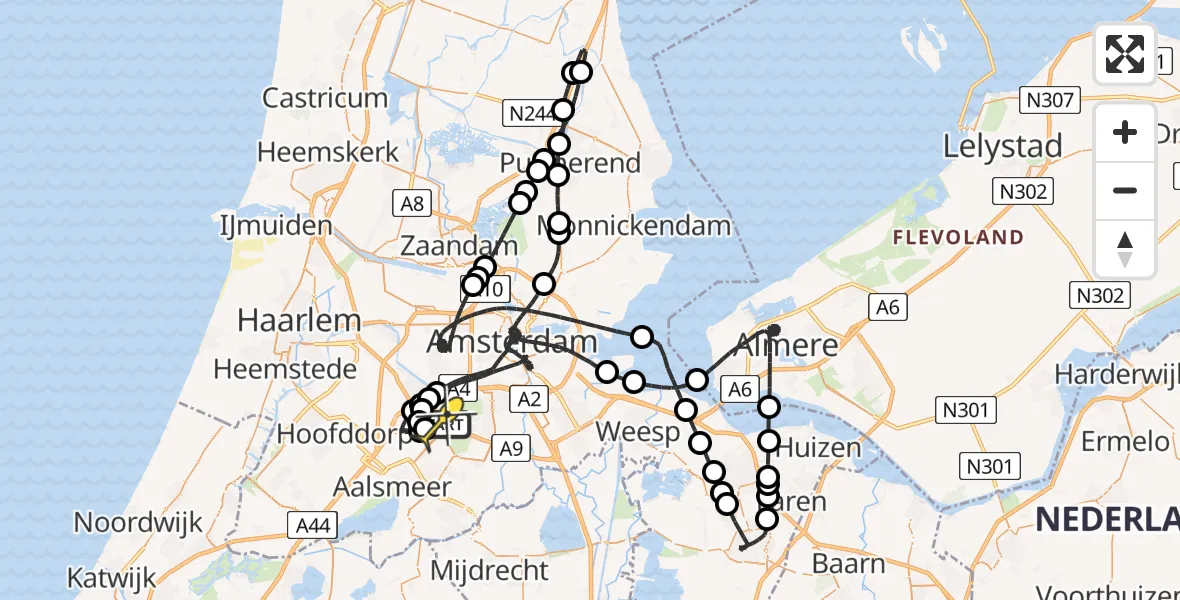 Routekaart van de vlucht: Politiehelikopter naar Schiphol, Amsterdam-Bataviaweg