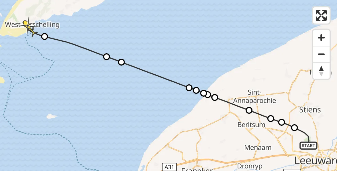 Routekaart van de vlucht: Ambulancehelikopter naar West-Terschelling, Keegsdijkje