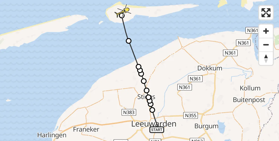 Routekaart van de vlucht: Ambulancehelikopter naar Ameland Airport Ballum, Mariënburgpaad