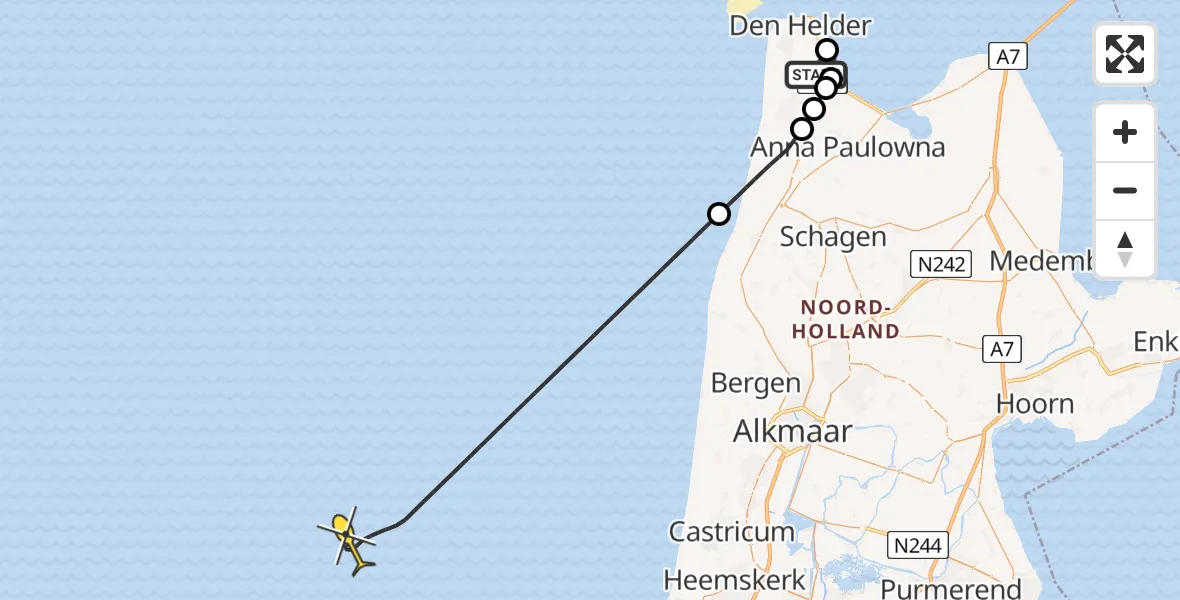 Routekaart van de vlucht: Kustwachthelikopter naar Doggersvaart