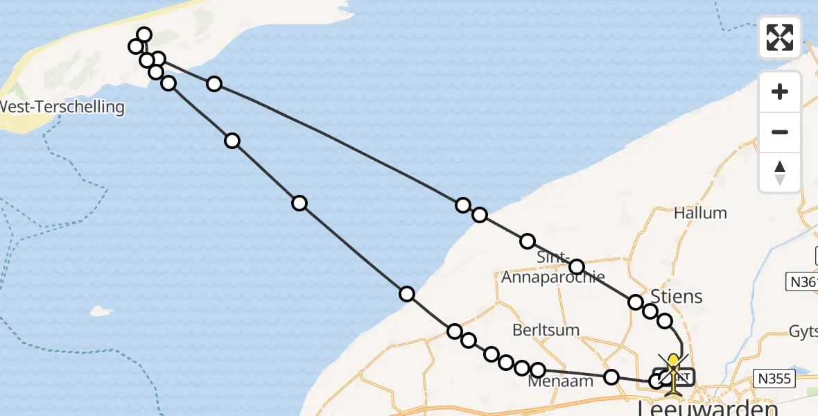 Vluchtroute Ambulancehelikopter van Vliegbasis Leeuwarden naar Vliegbasis Leeuwarden