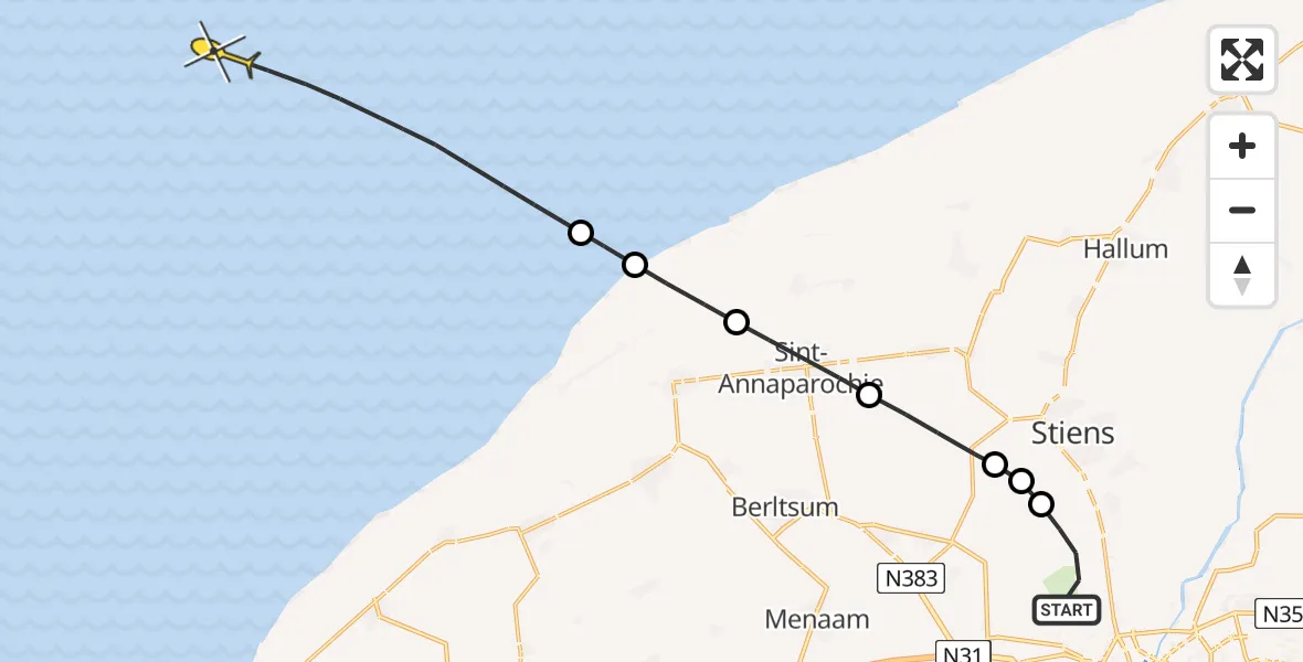 Routekaart van de vlucht: Ambulancehelikopter naar Oosterend, Keegsdijkje