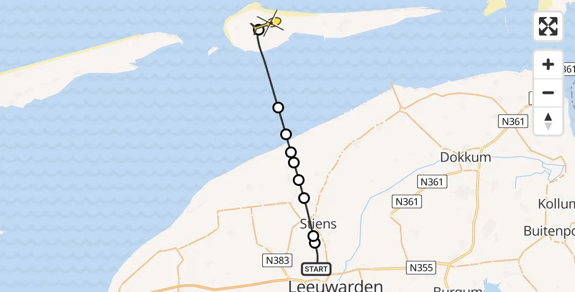 Routekaart van de vlucht: Ambulancehelikopter naar Ameland Airport Ballum, Keegsdijkje